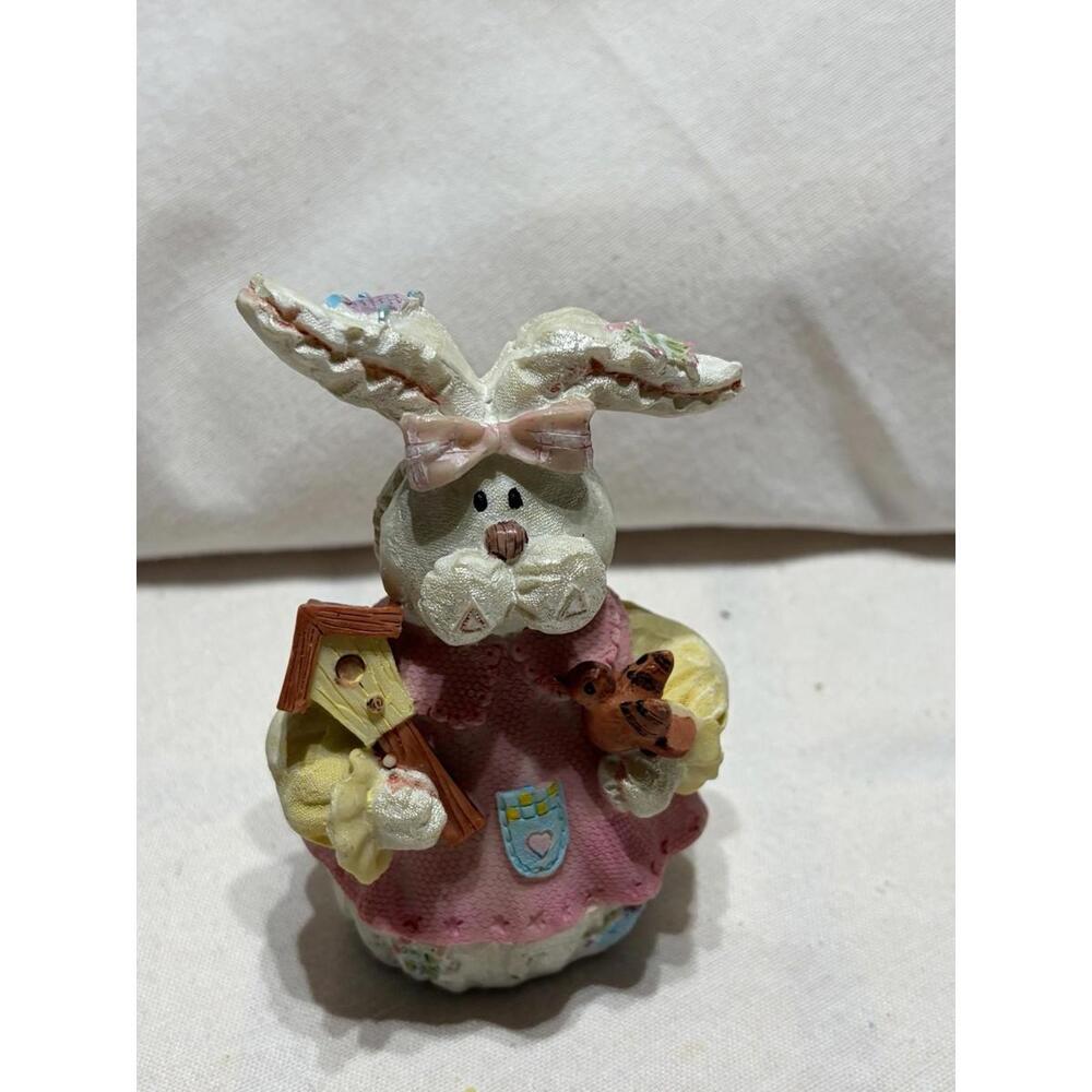 Easter Bunny Figurine Holding Bird & Bird House, 4.75" Tall